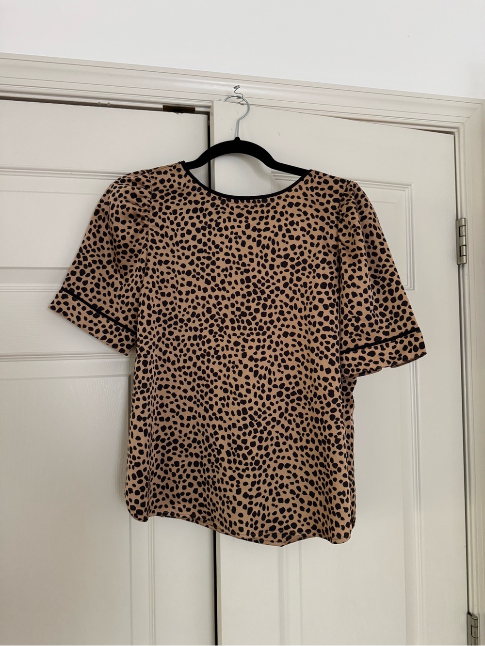 LOFT Beige and Black Leopard Print Short Sleeve Blouse